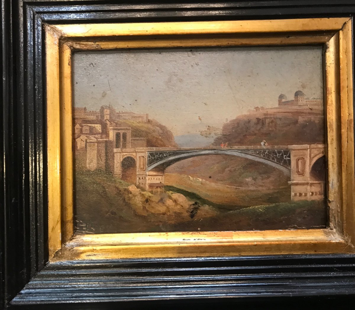 Ritschard Louis 1817- 1904  Paysage Avec Un Pont Huile Sur Bois 12,5 Cm X 8,5 Cm Signé -photo-3