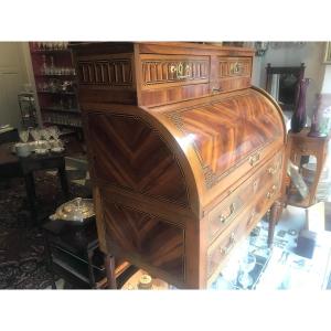 Cylinder Desk In Very Rich Eastern Marquetry From The 18th Century In Louis XVI Style  