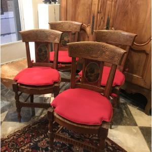 Set Of 4 Provencal Straw Chairs With Painted Backs Of Different Landscapes