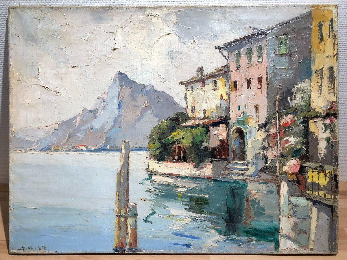 Lake Como, Oil On Canvas By Rudolf Szabo Italy Hungary Alps-photo-2