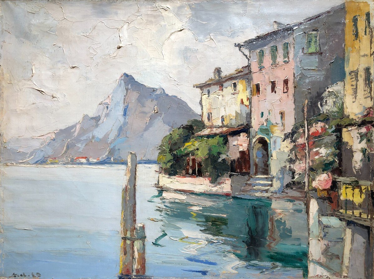 Lake Como, Oil On Canvas By Rudolf Szabo Italy Hungary Alps