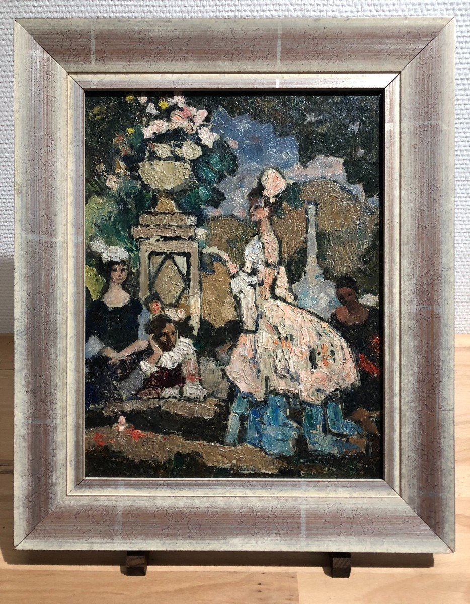 Gallant Scene In A Park, Oil On Panel To Identify