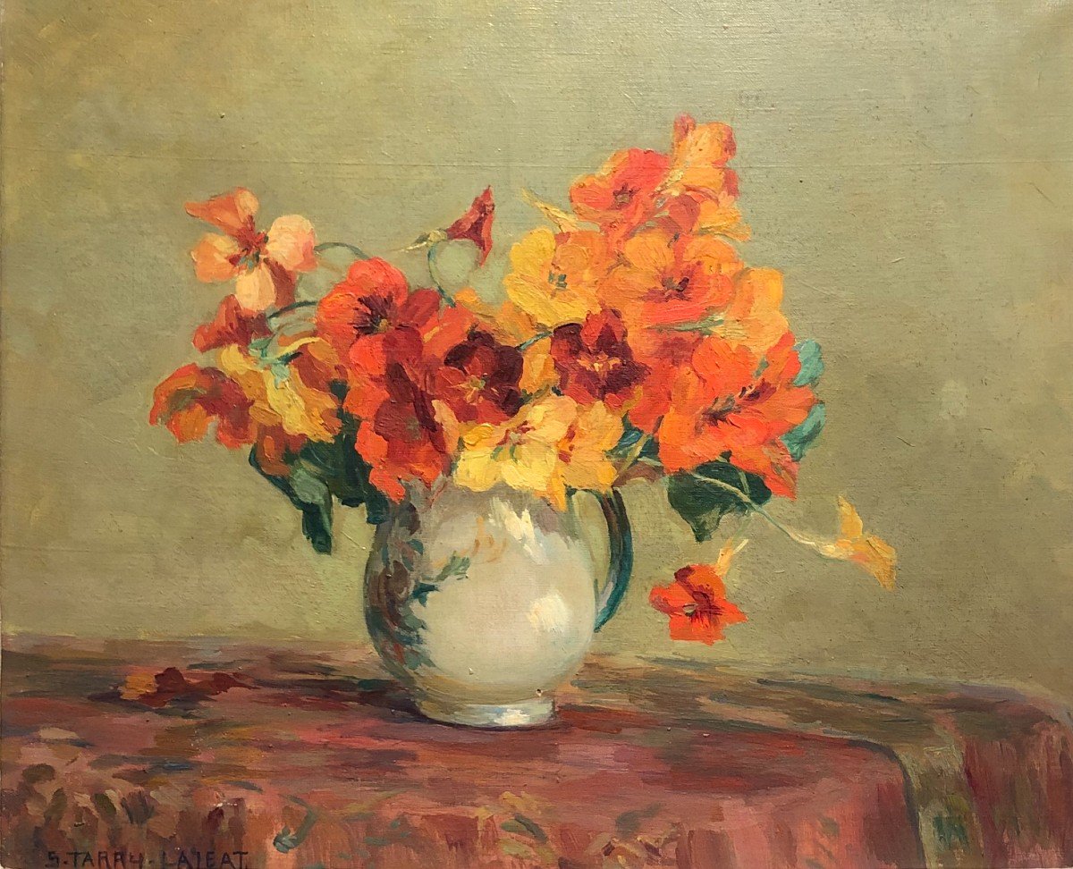 Bouquet Of Nasturtiums, Oil On Canvas, Circa 1940-photo-2