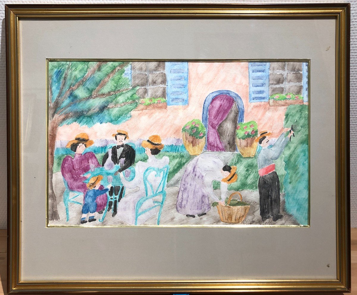 Naive Art, Family Scene In A Garden, Lucette Bellini-photo-2