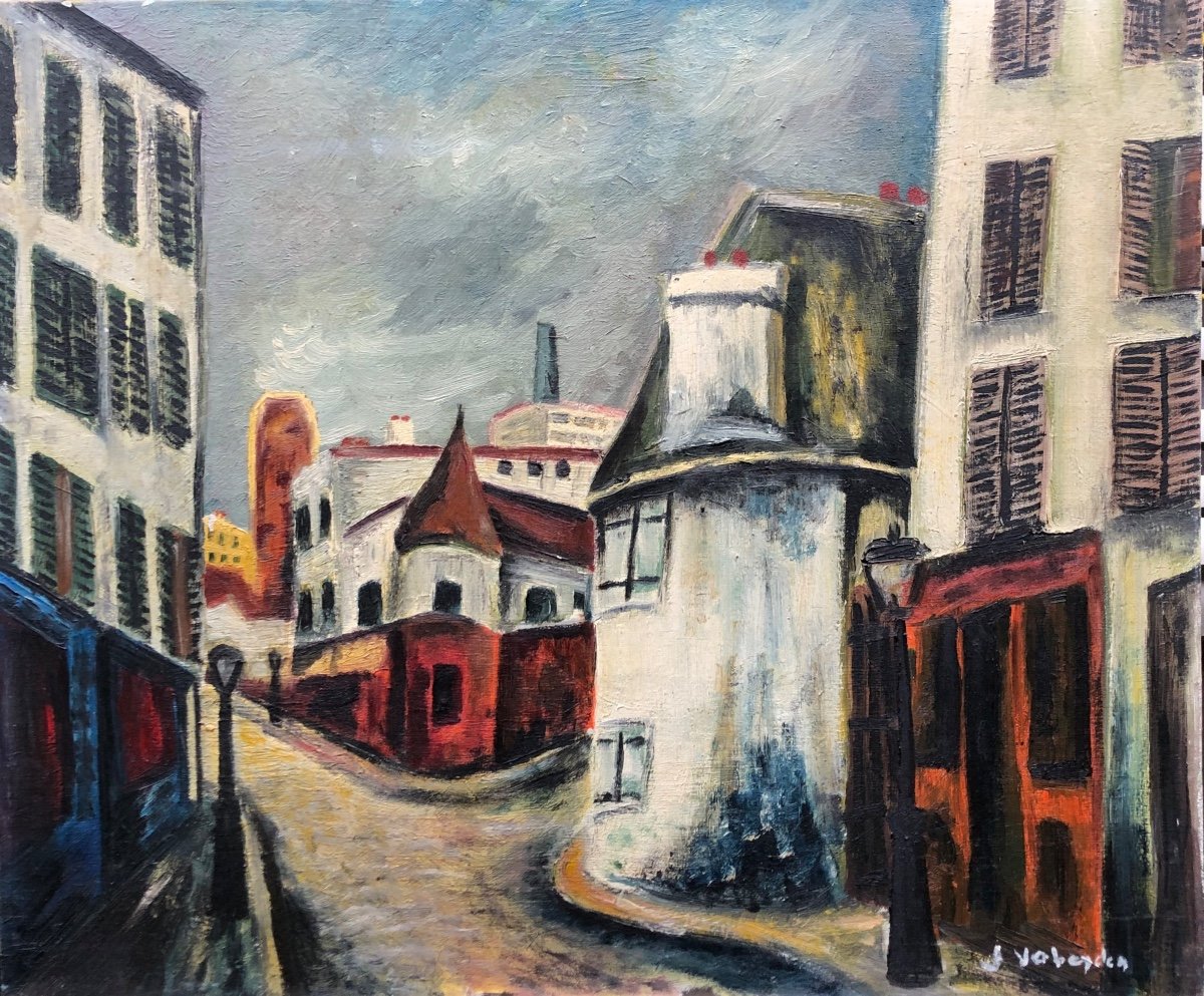 View Of Montmartre Around 1940, Oil On Canvas, Paris, Naive Art