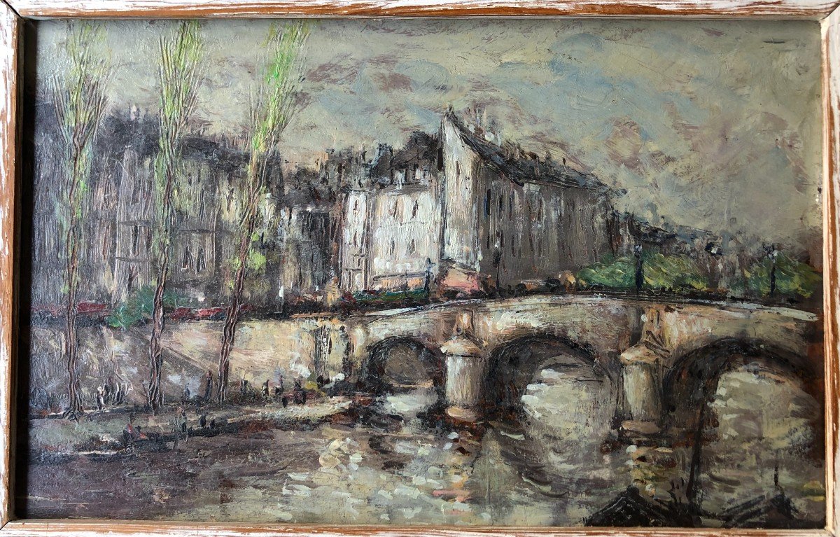 Paris Le Pont Neuf Huile Sur Métal Anonyme à Identifier Vers 1950