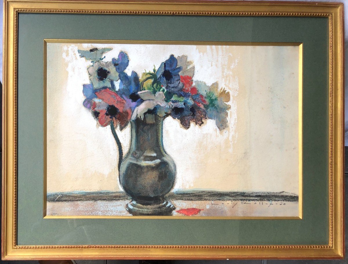 Gouache Louis Rollet Bouquet 1930 Art Déco Tableau Peinture-photo-2