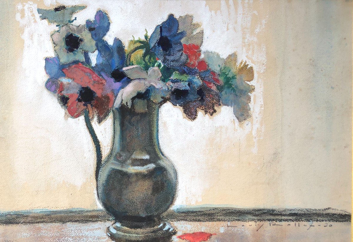 Gouache Louis Rollet Bouquet 1930 Art Déco Tableau Peinture