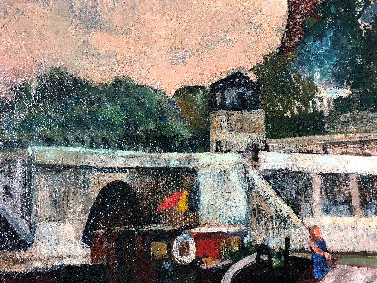 Tableau Peinture La Seine Au Pont Sully Marinière Conduisant Sa Péniche Paris Bateau-photo-2