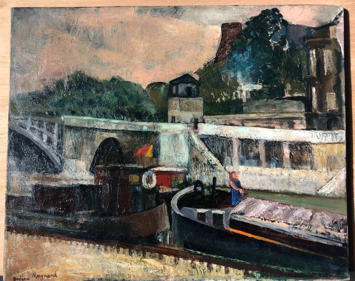 Tableau Peinture La Seine Au Pont Sully Marinière Conduisant Sa Péniche Paris Bateau-photo-3