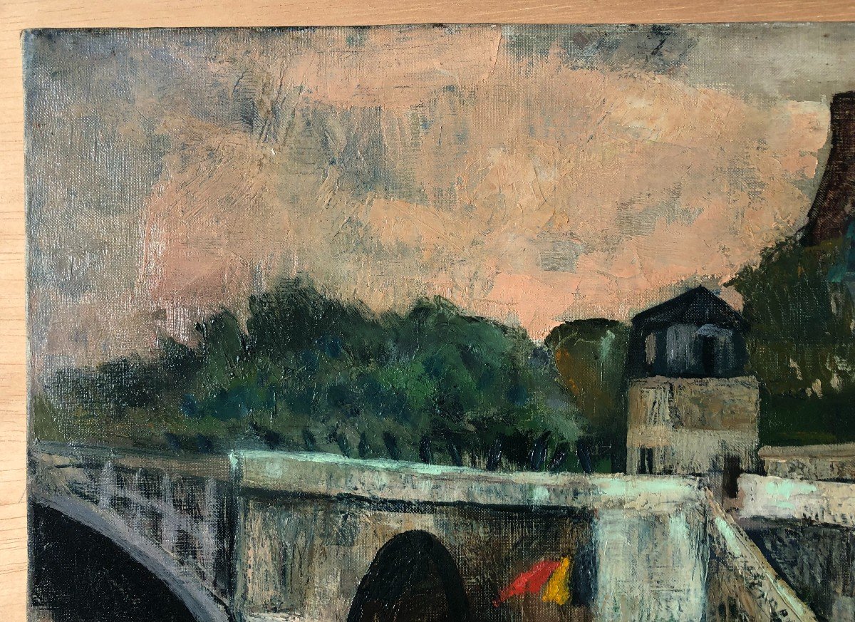 Tableau Peinture La Seine Au Pont Sully Marinière Conduisant Sa Péniche Paris Bateau-photo-1