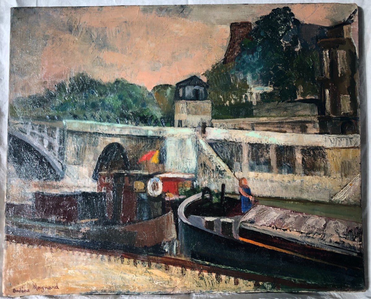 Tableau Peinture La Seine Au Pont Sully Marinière Conduisant Sa Péniche Paris Bateau