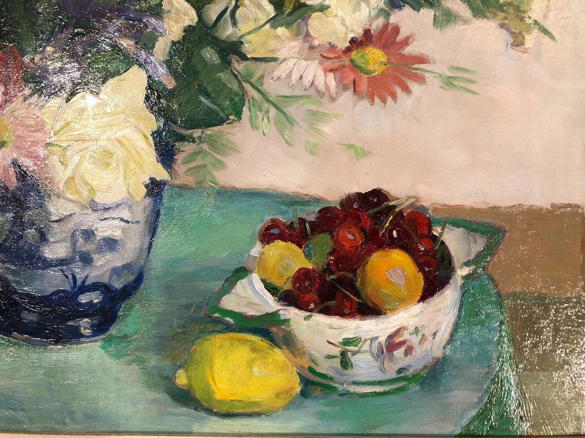 Bouquet De Fleurs Et Fruits, Tableau Peinture, Henri Clément-serveau 1941-photo-2