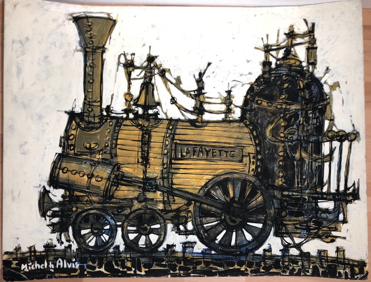 Michel De Alvis Grande Gouache Locomotive Train Jouet Collection Era Claude Venard