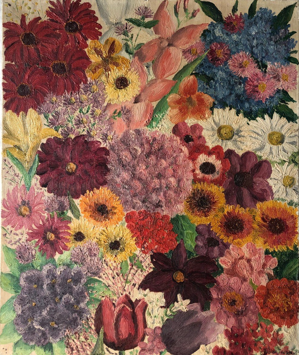 Juliette Juvin Oil On Canvas "flowers" Painting Painter Naïve Art-photo-2