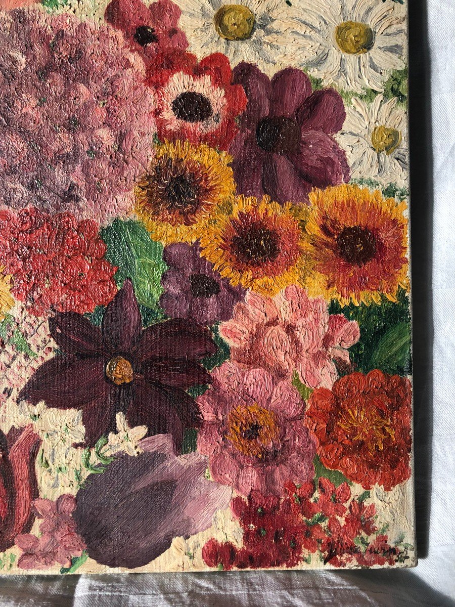 Juliette Juvin Oil On Canvas "flowers" Painting Painter Naïve Art-photo-3