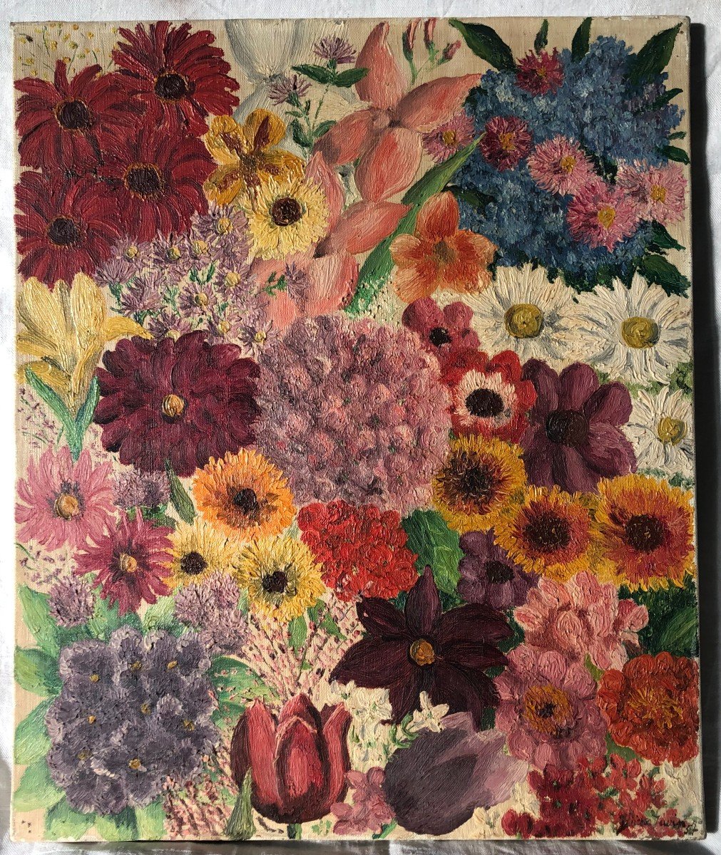 Juliette Juvin Oil On Canvas "flowers" Painting Painter Naïve Art