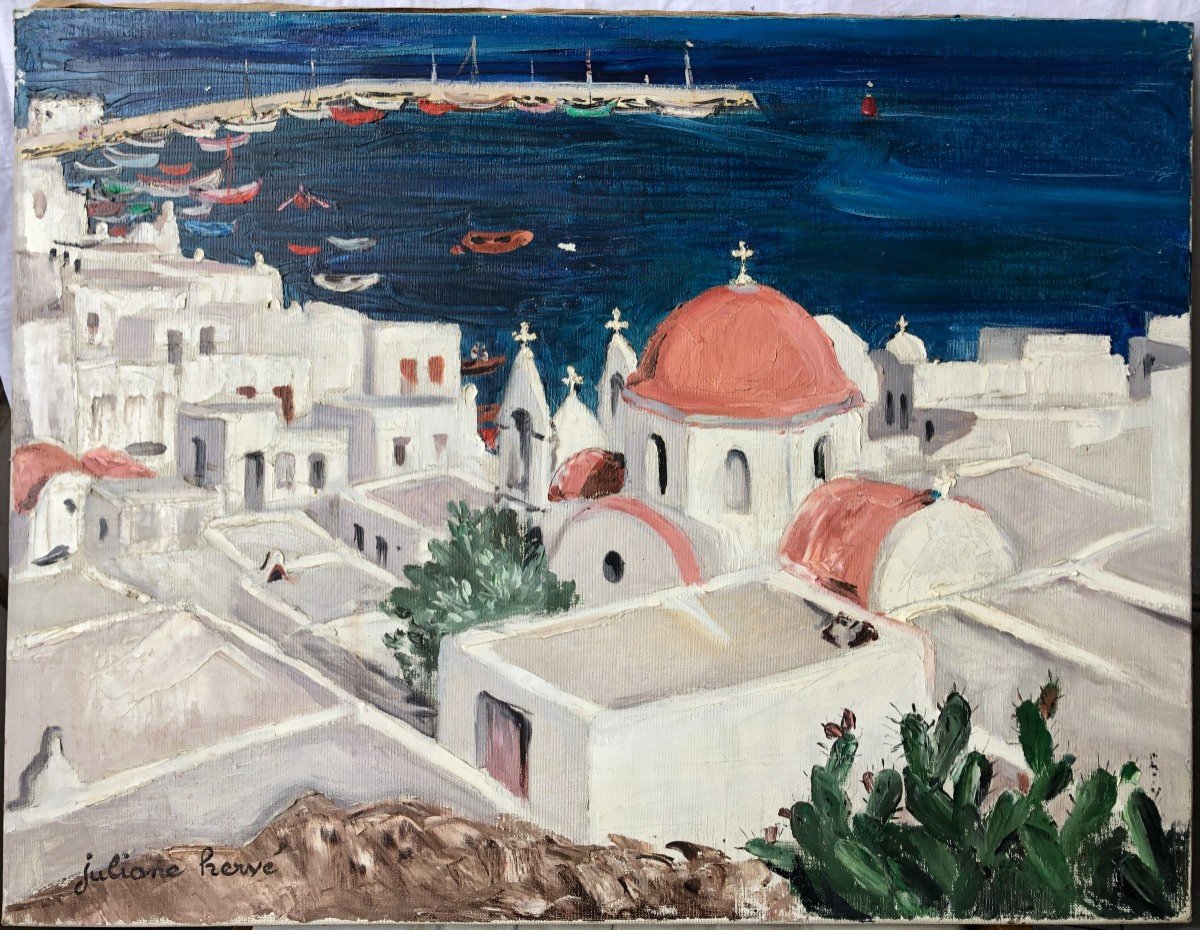 Painting By Juliane Hervé (1921-2006) Athens Mykonos City 1950