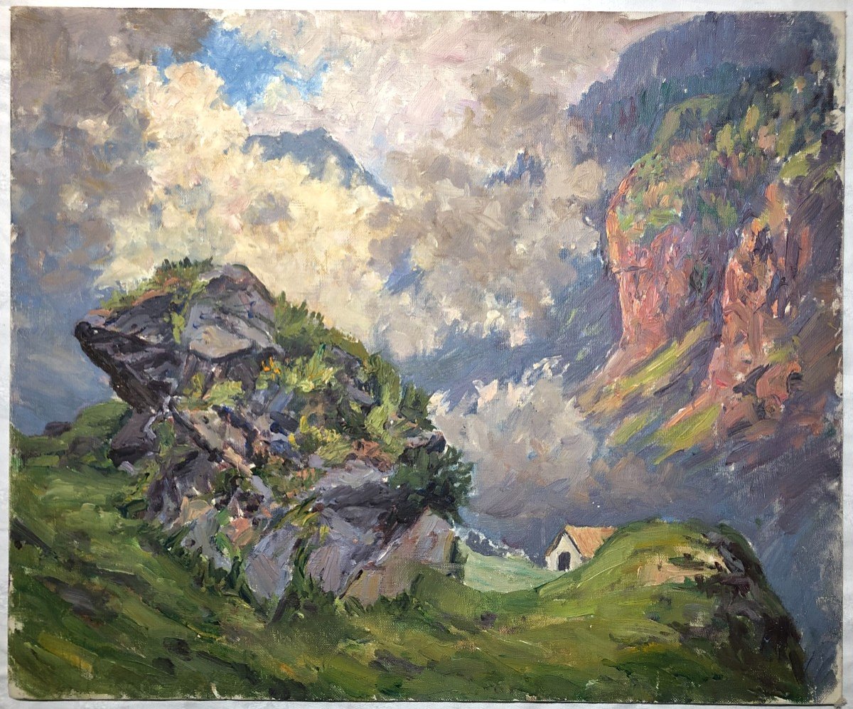 Mountain Refuge To Locate Robert Bénard 38x46 Cm Painting Alps 1950/60