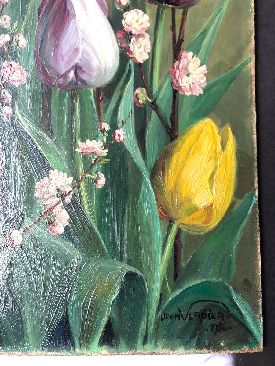 Jean Baptiste Verdier 1889-1976 Fleurs Réalisme Tableau Peinture Tulipe Pommier-photo-2