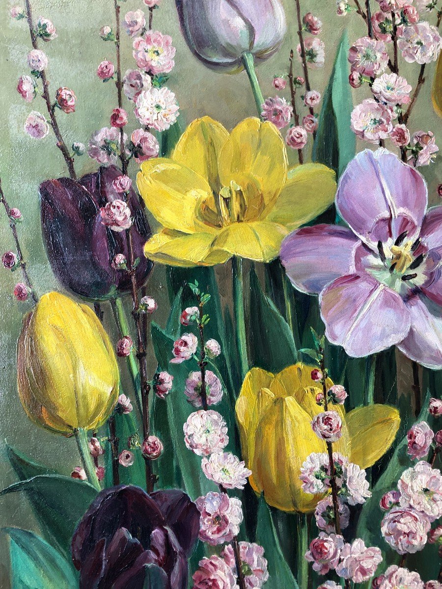 Jean Baptiste Verdier 1889-1976 Fleurs Réalisme Tableau Peinture Tulipe Pommier-photo-3