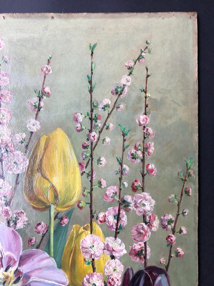 Jean Baptiste Verdier 1889-1976 Fleurs Réalisme Tableau Peinture Tulipe Pommier-photo-1