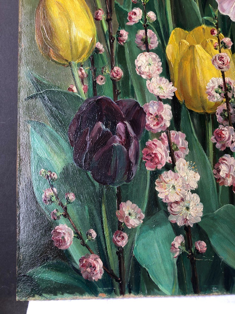 Jean Baptiste Verdier 1889-1976 Fleurs Réalisme Tableau Peinture Tulipe Pommier-photo-3