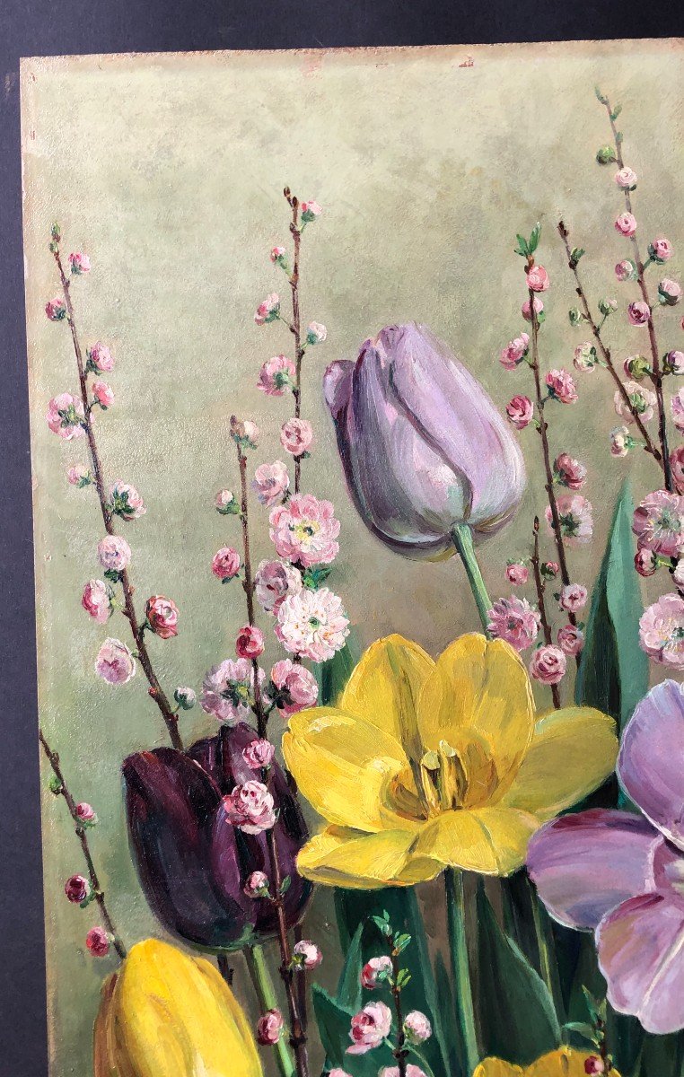 Jean Baptiste Verdier 1889-1976 Fleurs Réalisme Tableau Peinture Tulipe Pommier-photo-4