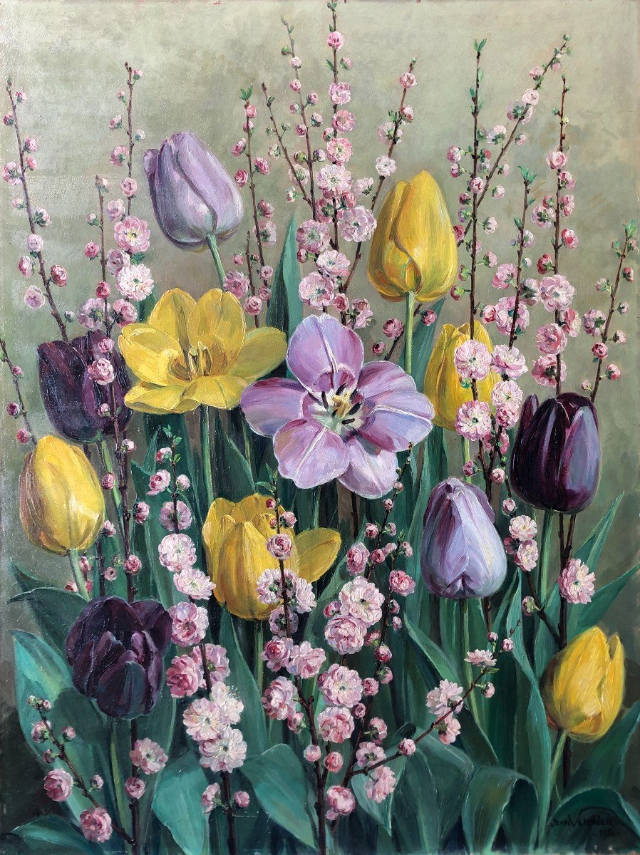 Jean Baptiste Verdier 1889-1976 Fleurs Réalisme Tableau Peinture Tulipe Pommier-photo-6