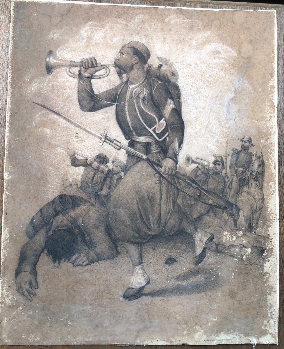 Grand dessin Ancien 1866 Militaria d'après Victor Adam "Le clairon des Zouaves" 