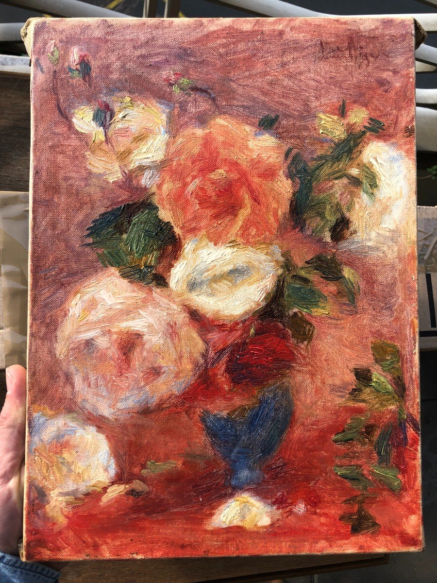 Bouquet Of Roses Lucien Mignon Painting (student Auguste Renoir) Hst Blue Vase-photo-4