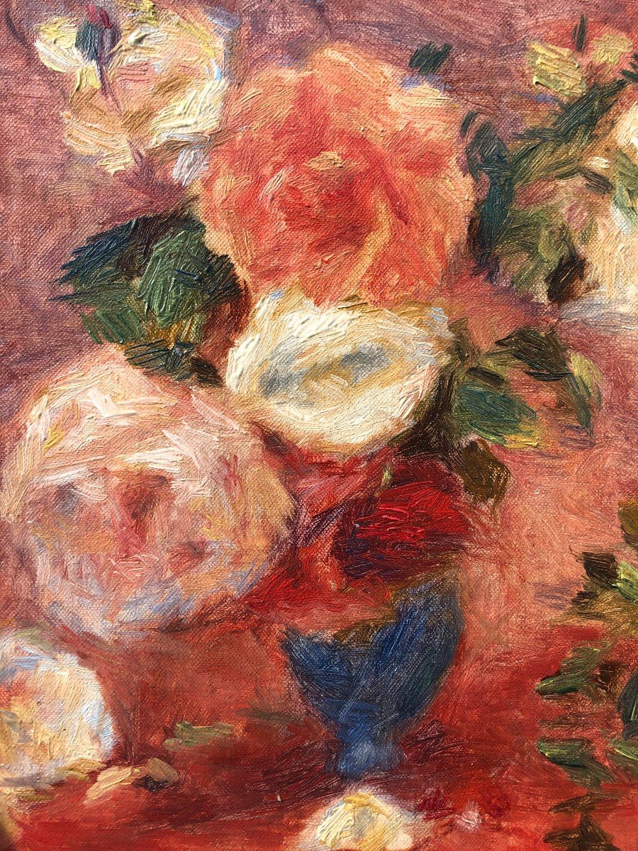 Bouquet Of Roses Lucien Mignon Painting (student Auguste Renoir) Hst Blue Vase-photo-4