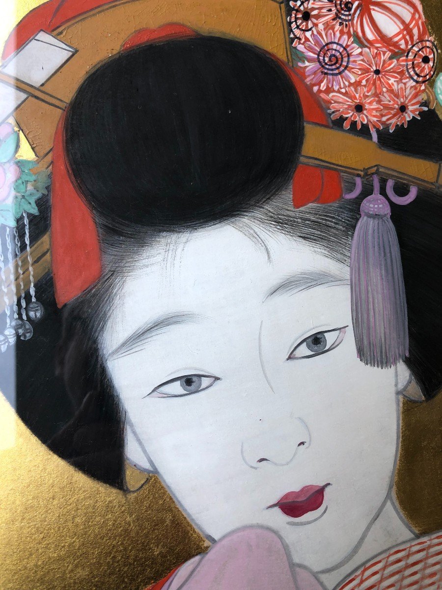 Portrait Of Geisha Japan Fixed Under Glass Painting Picture-photo-3