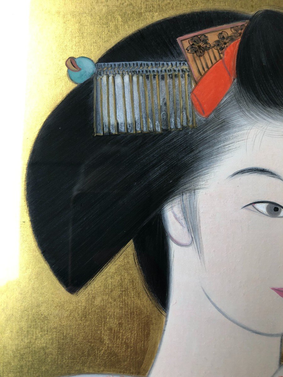 Portrait Of Geisha Japan Fixed Under Glass Painting Picture-photo-3