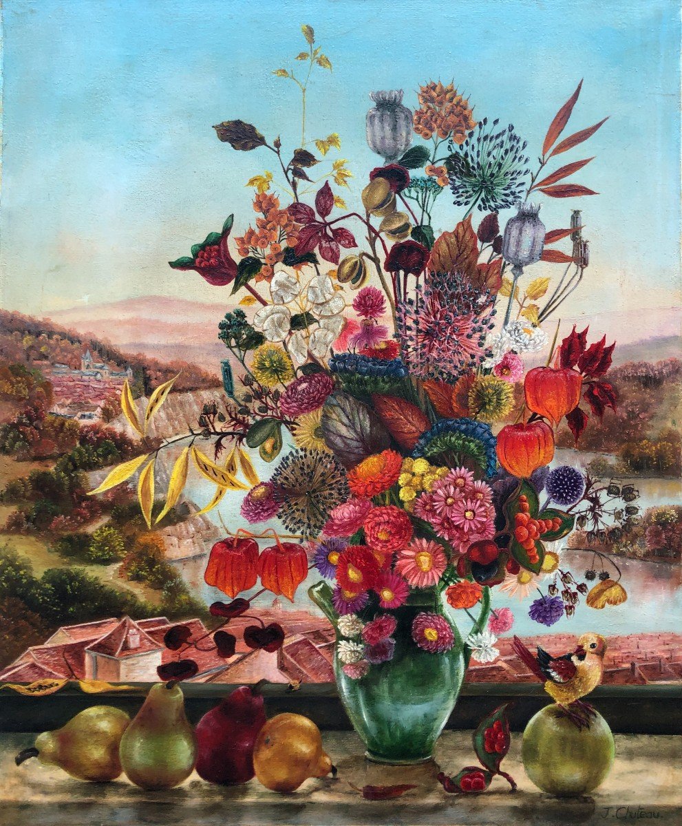 Bouquet De Fleurs Art Naïf Jacqueline Chuteau Tableau Peinture