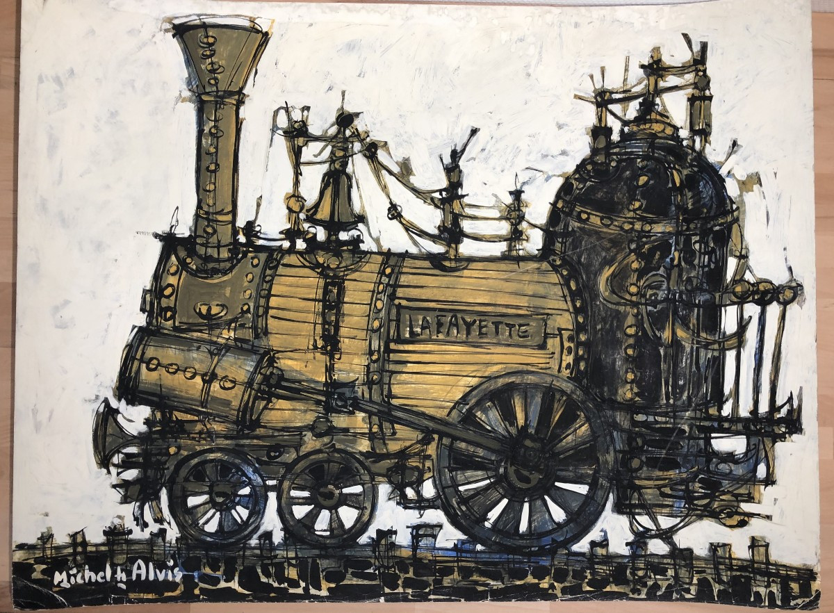 Large Gouache Locomotive Train Toy Collection Michel De Alvis Era Claude Venard Bernard Buffet