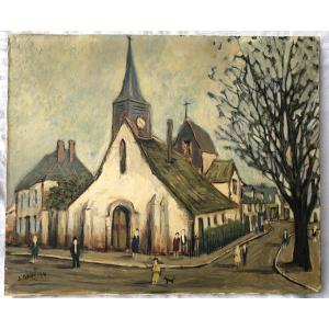 Art Naïf Vue De Village Animée De Personnage J Danflou ( style Utrillo )