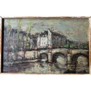 Paris Le Pont Neuf Huile Sur Métal Anonyme à Identifier Vers 1950