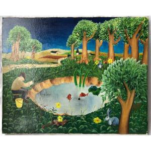 Naive Art Chabaud Fisherman Rabbit Pond Painting Picture Fishing Scene