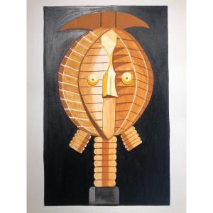 Original Gouache African Mask 50' Otto Fried Painting Bakota Kota Art Sculpture