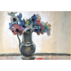 Gouache Louis Rollet Bouquet 1930 Art Déco Tableau Peinture