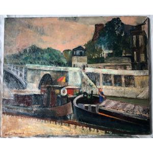 Tableau Peinture La Seine Au Pont Sully Marinière Conduisant Sa Péniche Paris Bateau