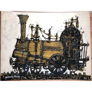 Michel De Alvis Grande Gouache Locomotive Train Jouet Collection Era Claude Venard