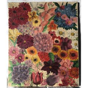 Juliette Juvin Oil On Canvas "flowers" Painting Painter Naïve Art