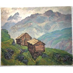 Chalets Montagne A Situer Robert Bénard 38x46cmtableau Peinture Alpes 1950/60