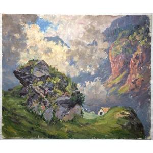 Mountain Refuge To Locate Robert Bénard 38x46 Cm Painting Alps 1950/60