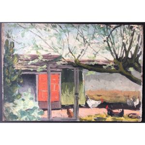 Gaston Simoes De Fonseca Le Poulailler Circa 1920 Poule Ferme Basse-cour Tableau Peinture