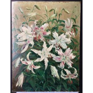 Jean Baptiste Verdier 1889-1976 Fleurs Réalisme Tableau Peinture Lys