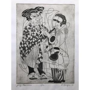 Ecole Américaine Hartwell Yeargans (1915-2005) Gravure 1974 Jazz musicians