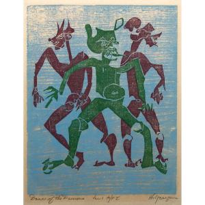 Ecole Américaine Hartwell Yeargans Woodcut Harlem N-y Dance Of The Demons